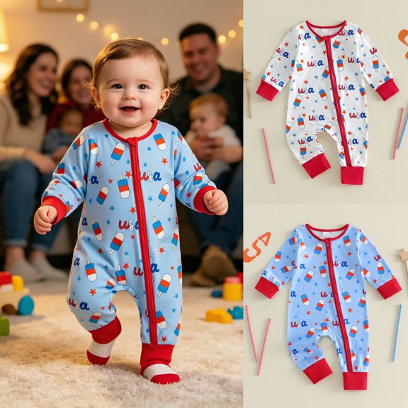 Baby 4th of July Romper Patriotic Print Long Sleeve Jumpsuit with Full-Zip USA Star Pattern Casual Outfit White 0-3 Months