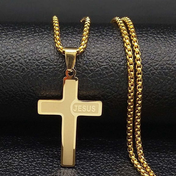 Christian JESUS CROSS Pendant Necklaces for Men 14K White Gold Male Chain Necklace Jewelry corrente masculina