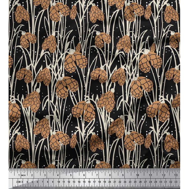 Soimoi Black polyester Crepe Fabric Dot & Flower Hand Drawn Print Sewing Fabric BTY 42 Inch Wide