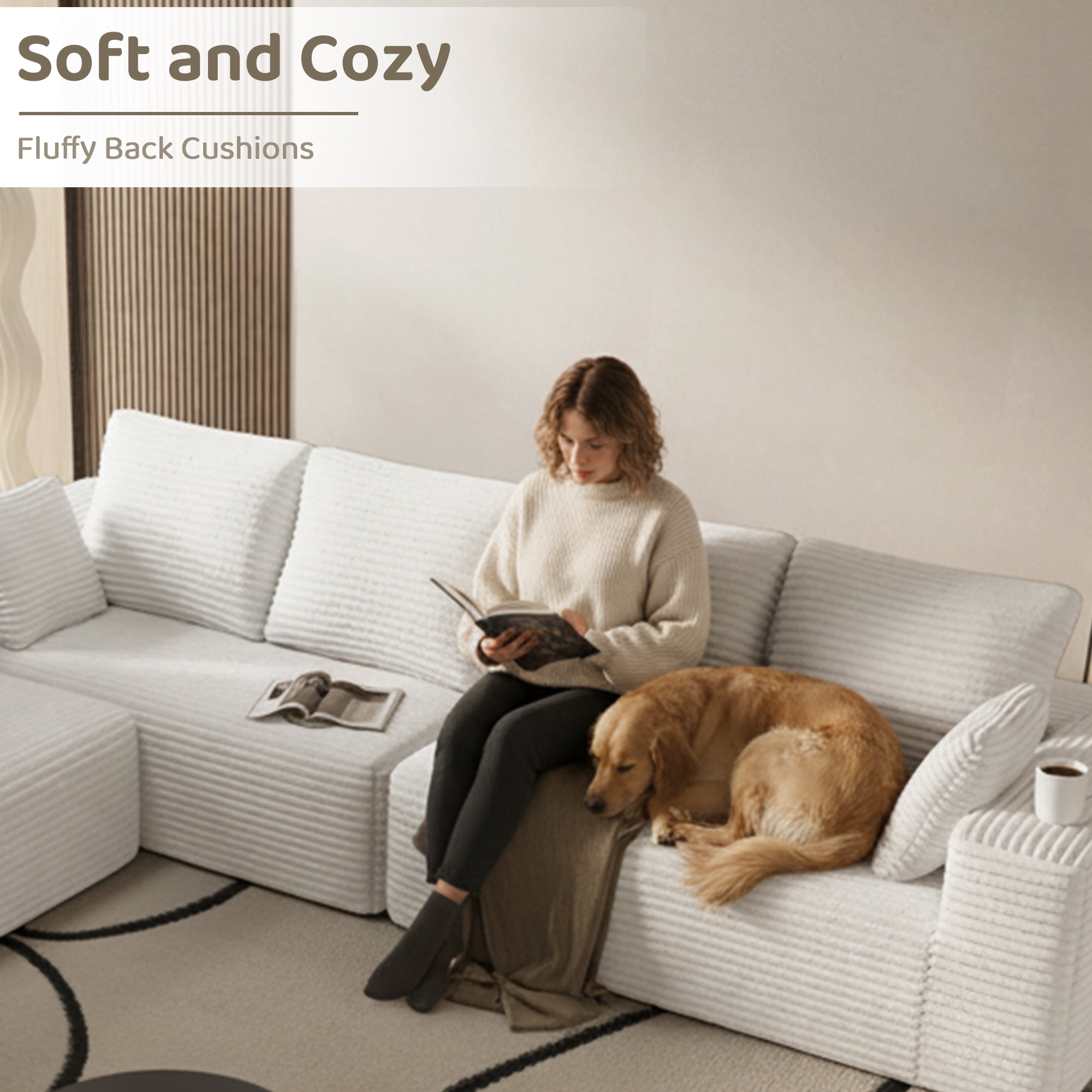 134" Modern L-Shaped Sectional Sofa for Living Room Bedroom, Modular Cloud Sectional Couch with Deep Seating Upholstered Sofa, Free Combination Sofa, Corduroy Upholstery, No Assembly, Beige Couch