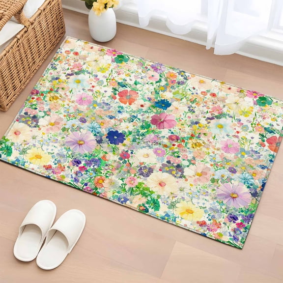 Emerging Blossoms Pattern Bathroom Rug Washable 2x3 Entryway Rug Non Slip Colorful Watercolor Floral Front Door Mat Low Pile Indoor Doormat Throw Floor Carpet for Kitchen Bedroom Entrance