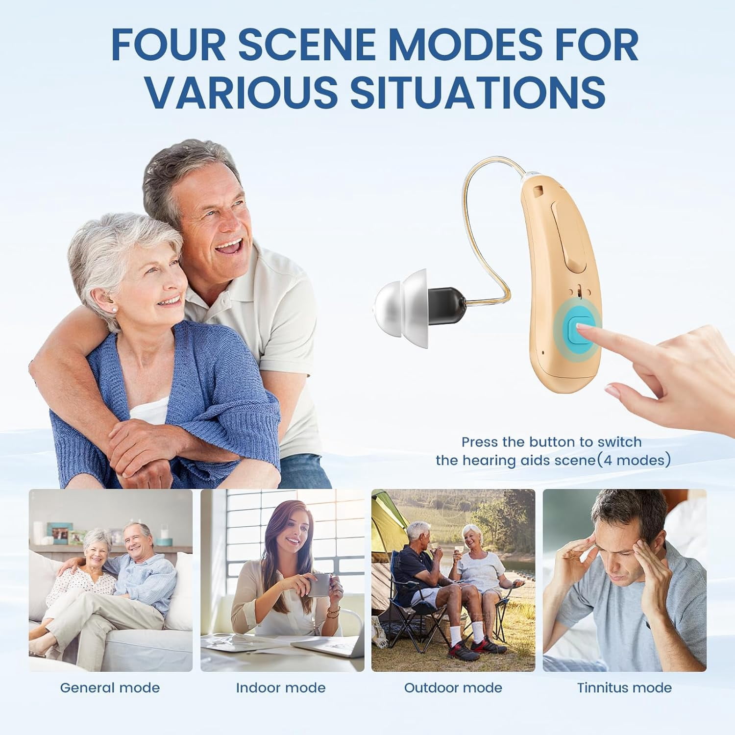 Rechargeable Hearing Aids for Seniors with Bluetooth &App Control, 16-Channels Digital RIC Ear Heaing-aids for Adults Mild Hearing Loss, OTC Self-fitting Ear Hearing Aide W- 4-listening Modes