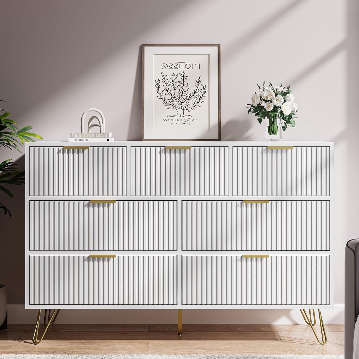 FURNIWAY Dresser for Bedroom, Fluted Modern Dresser with Gold Pulls and 7 Drawers,Fluted Wood TV Stand for Living Room, Hallwa,White