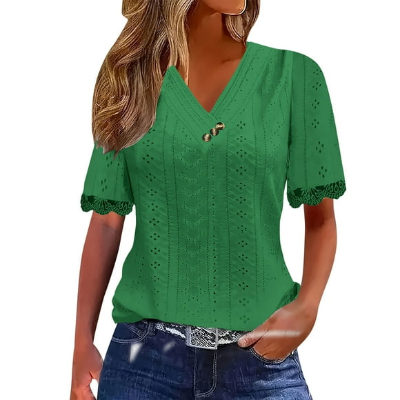 Yuyuzo Summer Tops for Women 2025 Crochet Lace Short Sleeve Work Shirts V Neck Dressy Casual Business Blouses Loose Fitted Tunic Top