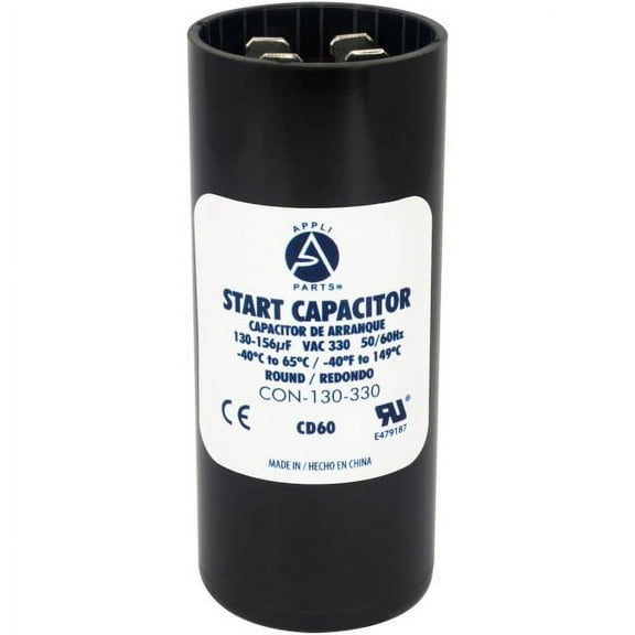 Appli Parts motor start capacitor 130-156 Mfd (microfarads) uF 330 VAC universal fit for electric motor applications 1-7/16 in Wide 3-3/8 in Height CON-130-330