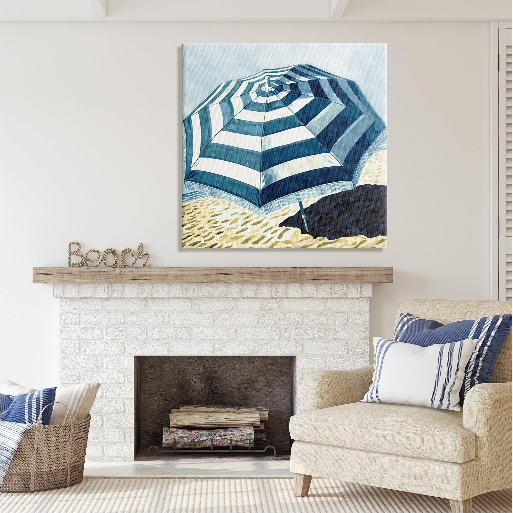 Stupell Industries Striped Beach Umbrella Landscape Painting Gallery Wrapped Canvas Art Print Wall Art, 36 x 36