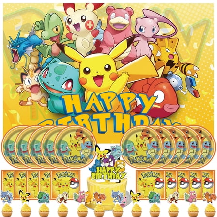 34 Piece For Pokemon Cartoon Themed Celebration Birthday Decor Set – Includes Backdrop, Cake Topper, 12 Cupcake Toppers, 10 Paper Plates, and 10 Napkins for Party Favors and Events