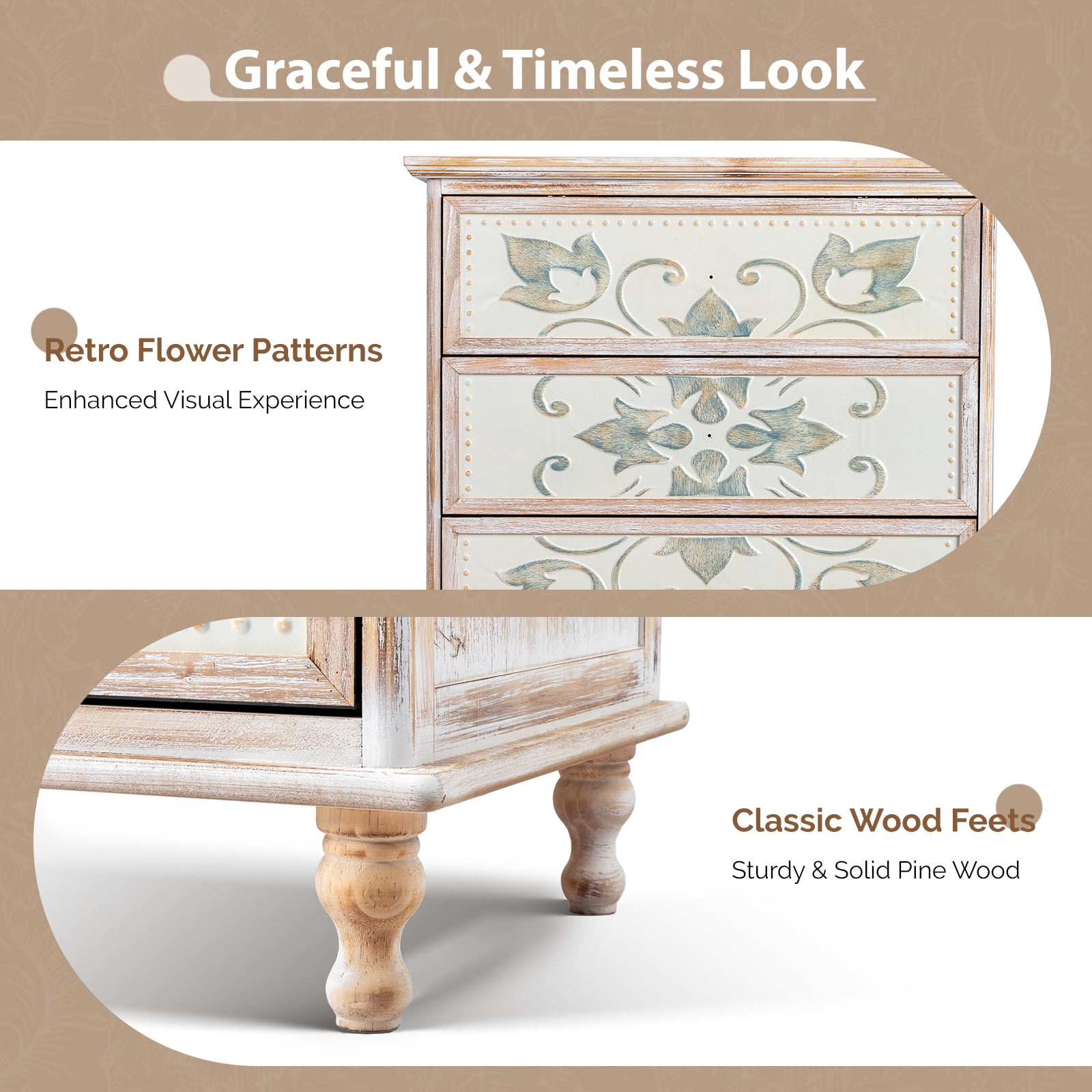 3-Drawer Nightstand with Carved Fronts, White and Wood, 31.5 x 15.75 x 32.24 in