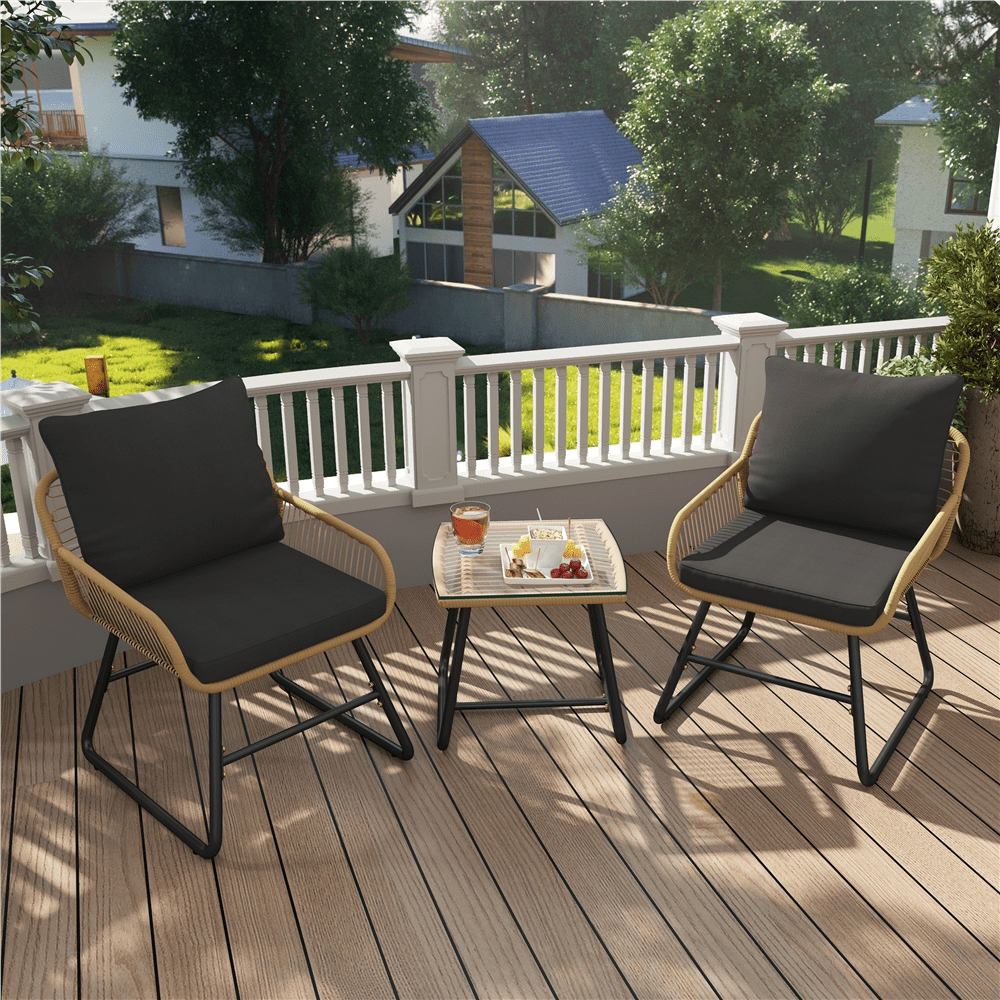 Renwick 3-Piece Patio Bistro Set with Wicker Rattan Chairs and Table, Tan/Black
