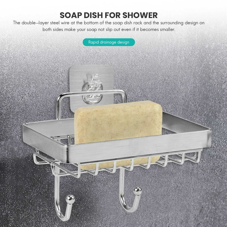 TSV Double Tier Soap Dish, Stainless Steel Soap Holder with Hooks,  Non-Trace Adhesive no Drilling, Wall-Mounted Bar Soap Sponge Holder for Shower  Bathroom Kitchen Silver 