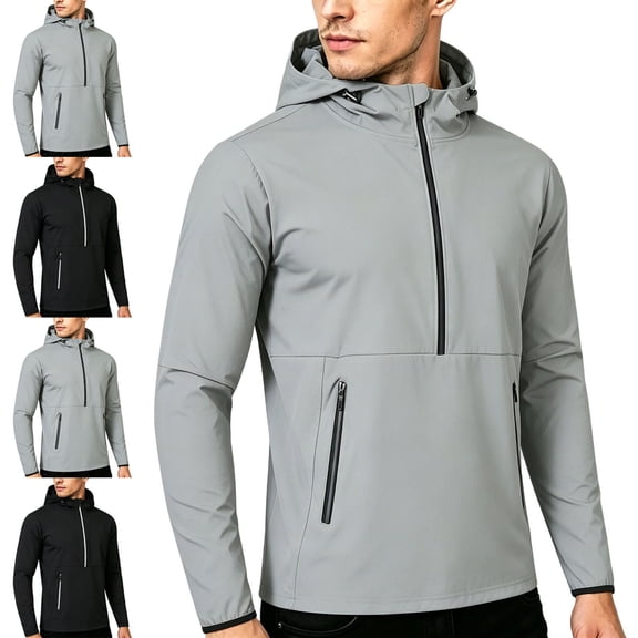 Zysthvn Hooded Outerwear Jackets for Men Outdoor Lightweight Fall Athletic Mens Coats Long Sleeve Hiking Solid with Pockets