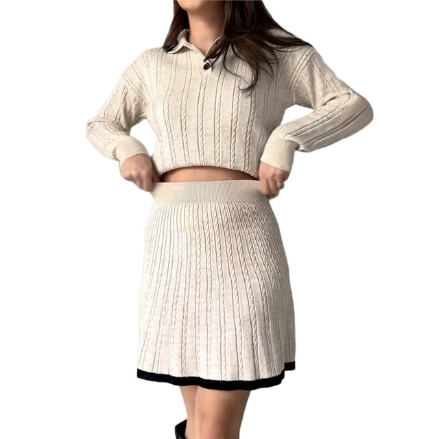 Conjunto de 2 Piezas Vintage con Cuello Tipo , Larga, Falda Corta y Cintura Alta para Mujer Lechoso XL