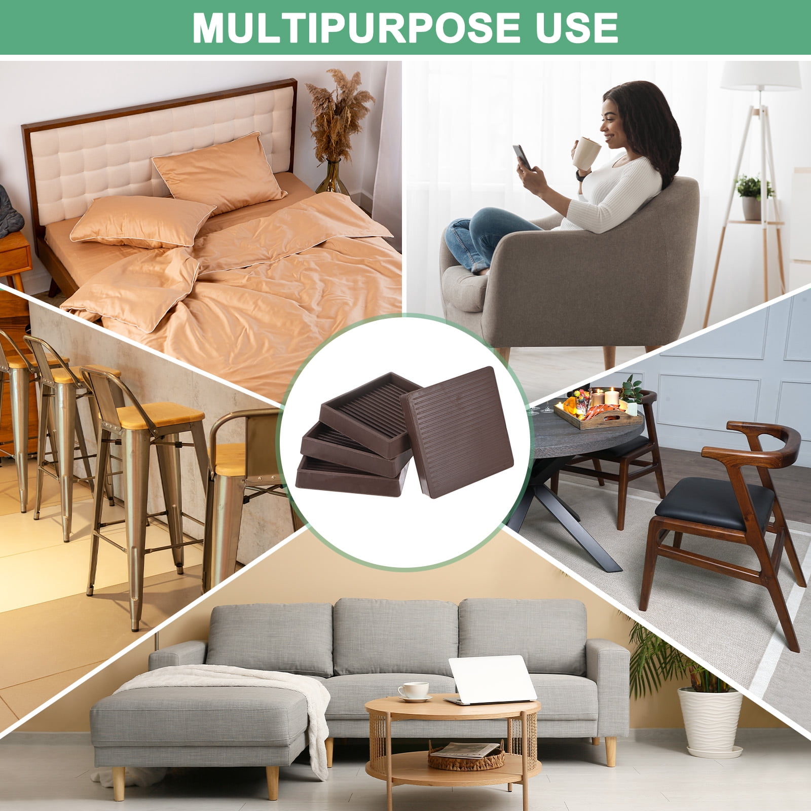 4-Pack Furniture Coasters Cups 3" Square Rubber Anti Slide Floor Protector Pads for Sofa Chair/Piano Stopper Furniture Caster Leg Non Slip Feet Cups [Brown]
