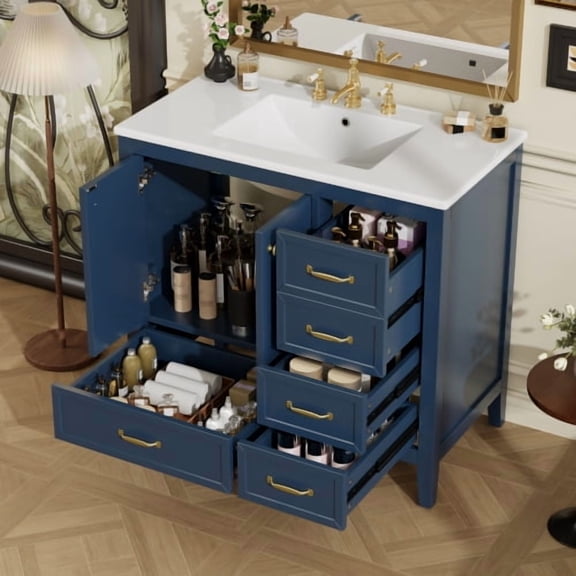 36" Sturdy Modern Freestanding Vanity Cabinet, Modern Bathroom Cabinet with Soft Closing Door, Freestanding Vanity with Ceramic Sink for Bathroom, Blue