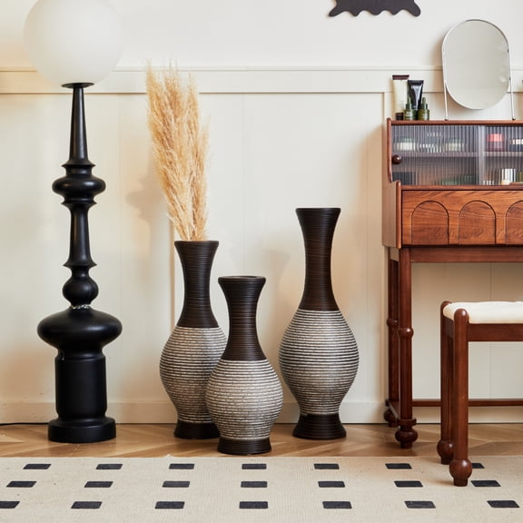 3 Piece Hand Woven PVC Rattan Floor Vase Set, Decorative Vases for Dried Flowers and Pampas Grass, Farmhouse Boho Home Office Entryway Decor, Brown white