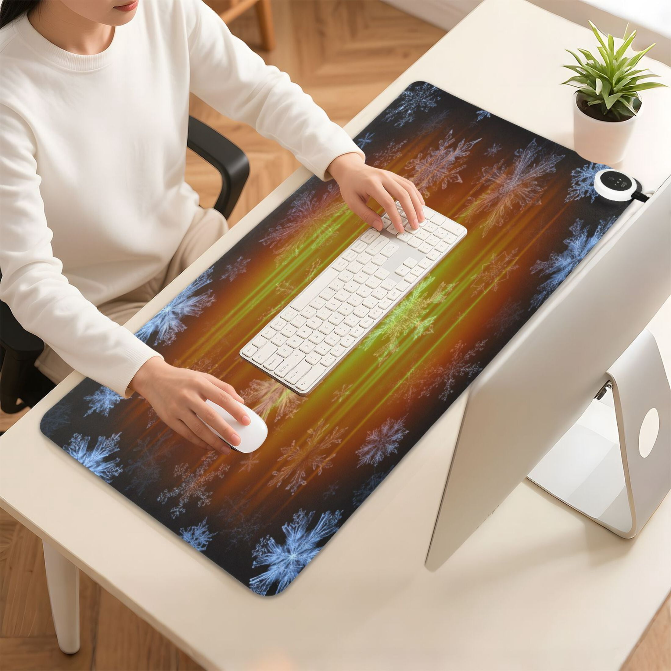 Large Heated Desk Mat Mouse Pad 31.5"x13"PU Leather Graphene Heating Desk Warmer with 3 Temperature Settings 110V US Plug Non-Slip Warm Pad for Home, Office, and Gaming Pale Blue Chrimas Snowflake