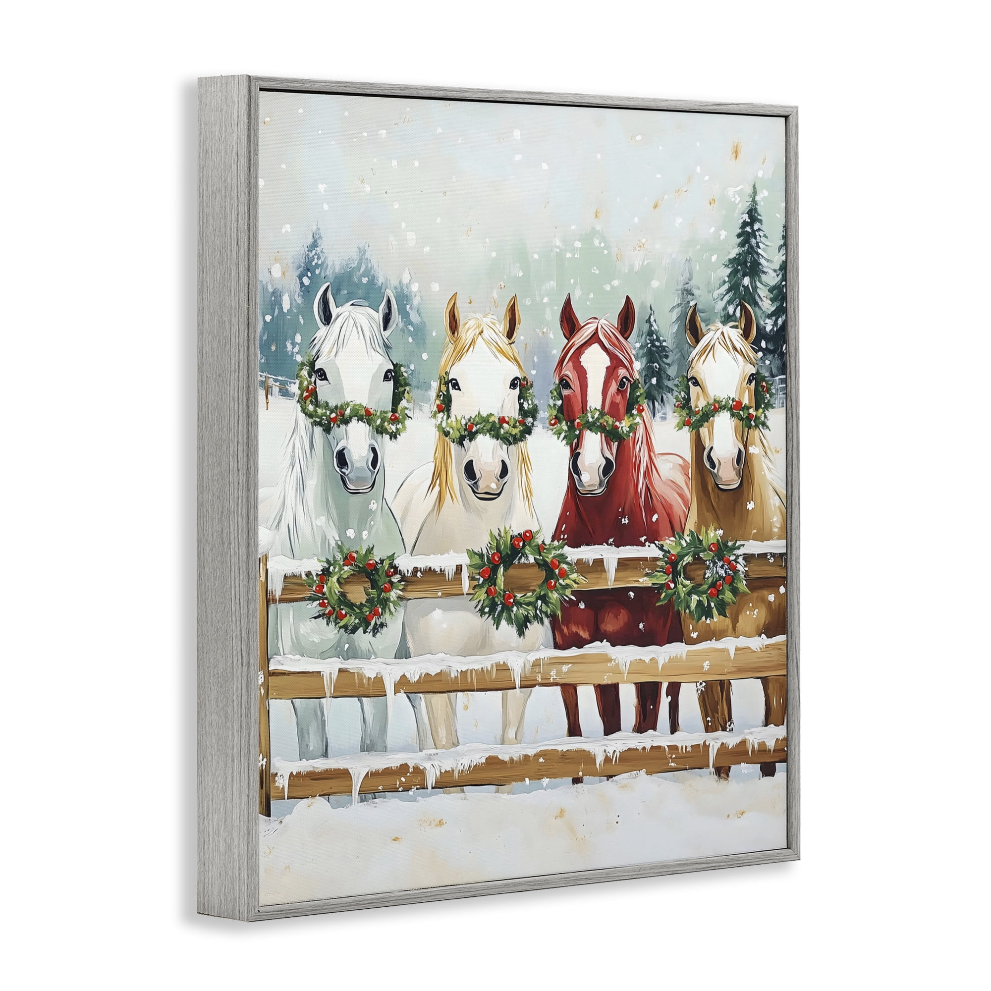 Stupell Industries Christmas Horses with Holly Wreaths Gray Framed Giclee Art, design by The Prints Vibe
