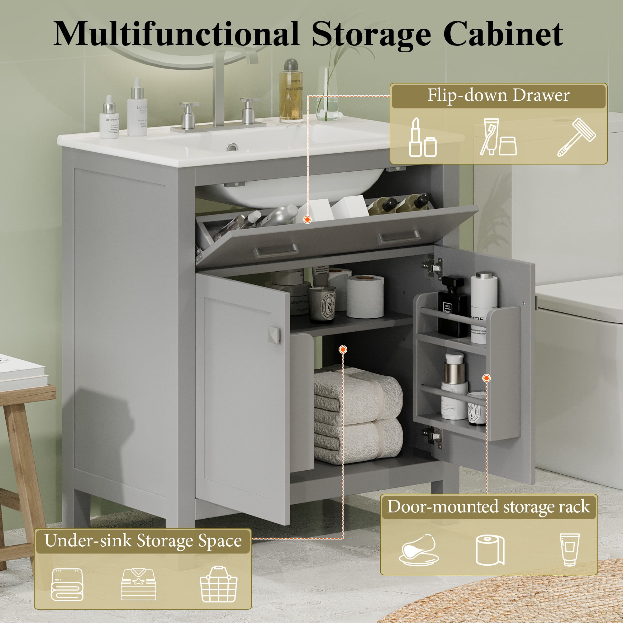 Euroco 30" Bathroom Vanity with Ceramic Sink – Solid Wood Frame, Soft-Close Doors, U-Shaped Adjustable Shelf,Compact Storage Cabinet for Small Bathrooms