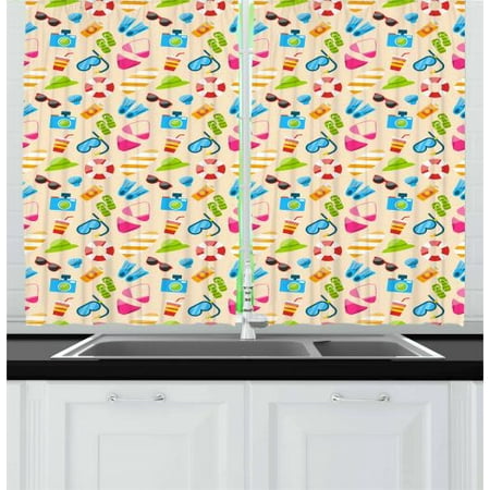 - Flip Flop Curtains 2 Panels Set, Beach Vacation Elements Sunglasses Camera Snorkeling Mask Seashell and Flipper, Window Drapes for Living Room Bedroom, 55W X 39L Inches, Multicolor, by Ambesonne