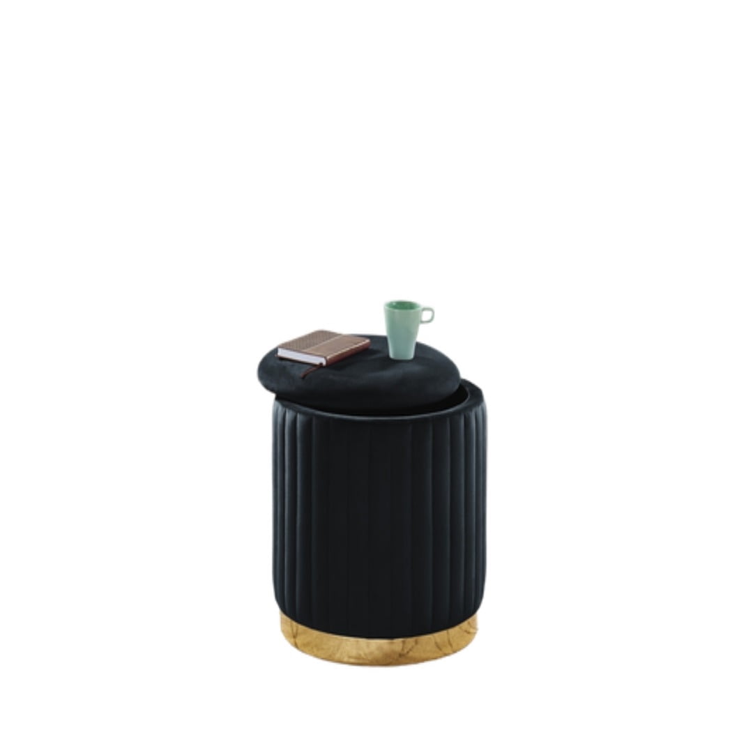 Hi-Line Gift Ltd 96163-BK Black Velvet Channel-Tufted Round Storage Ottoman with Gold Base