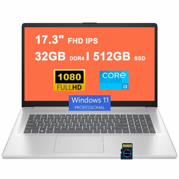 HP 17 Business Laptop | 17.3" FHD IPS Anti-Glare | Intel 8-Core i3-N305 (>i5-1135G7) | 32GB DDR4 512GB SSD | Fingerprint USB-C Fast Charging Privacy Camera Win11Pro Silver   32GB MicroSD Card