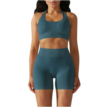 Abomasnow Workout Sets for Women 2 Piece Seamless Gym Athletic Yoga Outfits Halter Neck Backless Sports Bra High Waist Biker Shorts on Clearance