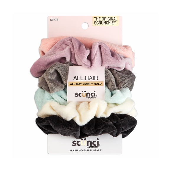 Scunci The Original Scrunchie Hair Ties in Soft Velour, Assorted Pastels and Black, 6 Ct