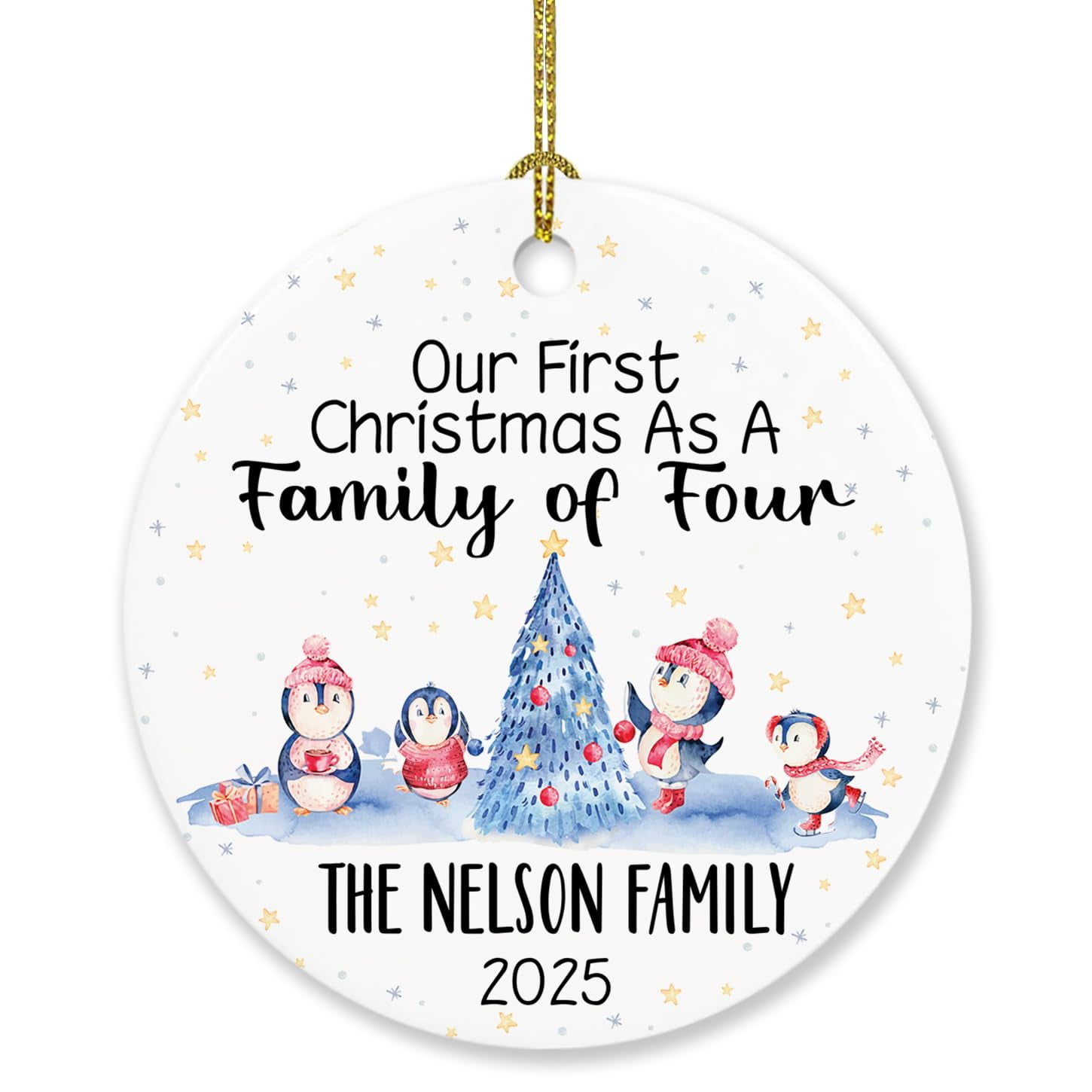 Personalized Family Penguin Christmas Ornament, 1st Xmas As Family, Custom Name, 4 Penguin, Dad Mom Baby, Hanging, MDF with Plastic Coating