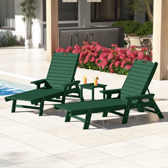WestinTrends Malibu Double Chaise Lounge with Side Table, All Weather Poly Lumber Outdoor Chaise Lounge Chairs with 5 Posistions Backrest, Dark Green