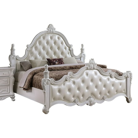 Moni Queen Bed, White Button Tufted Traditional Upholstery, Solid Wood