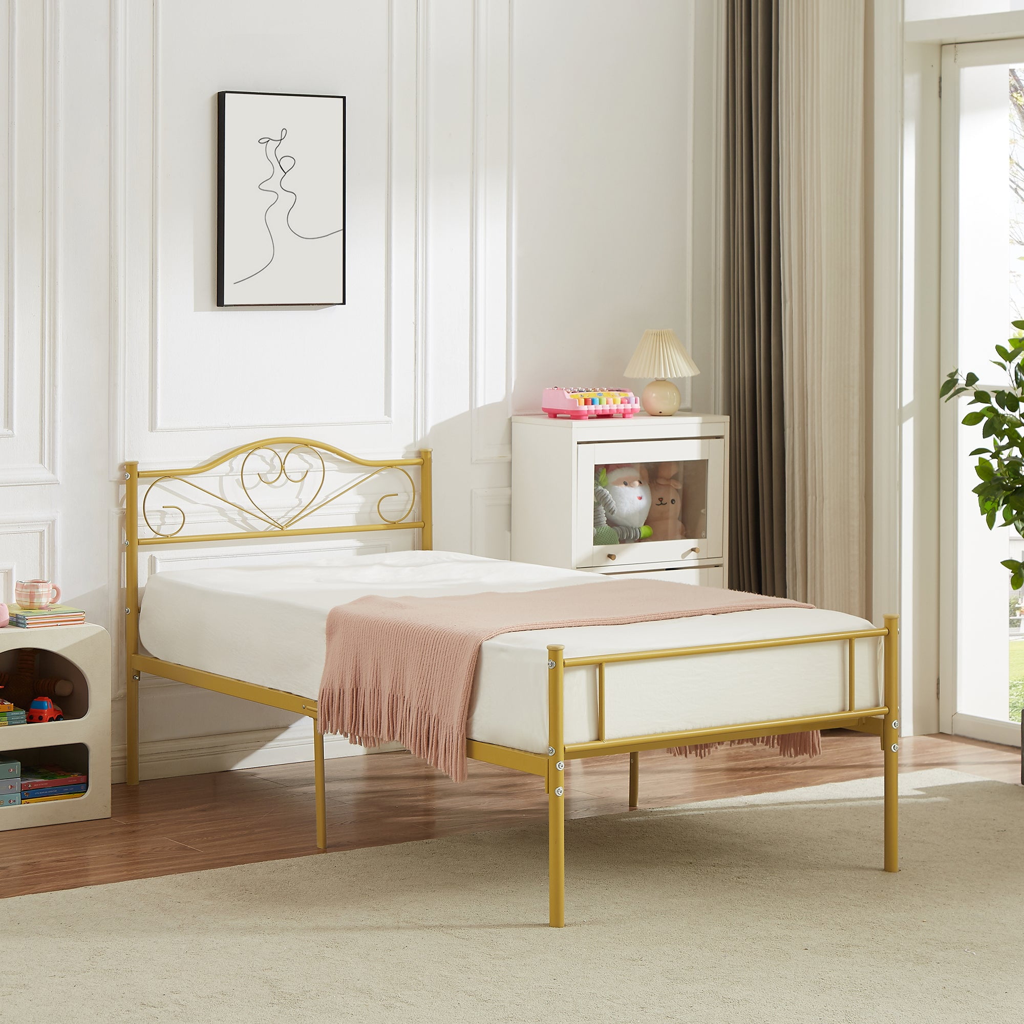 14 Inch Twin Size Metal Platform Bed Frame with Headboard and Footboard, Heavy Duty Mattress Foundation with Steel Slats Support, No Box Spring Needed, Gold