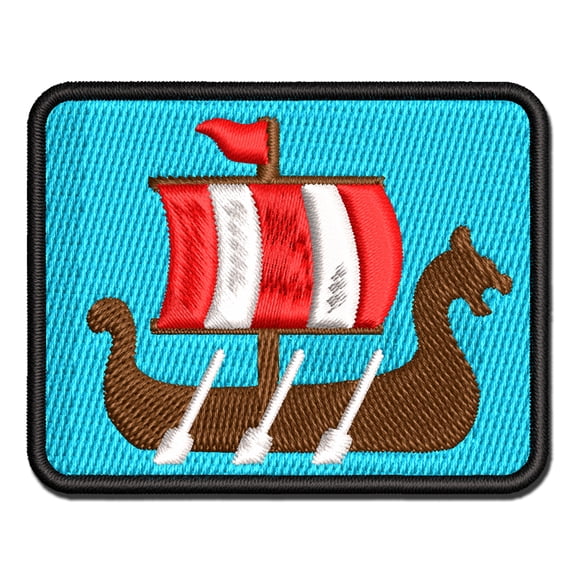 Viking Dragon Headed Longboat Ship with Sails Applique Multi-Color Embroidered Iron-On Patch - 2.5 Inch Small