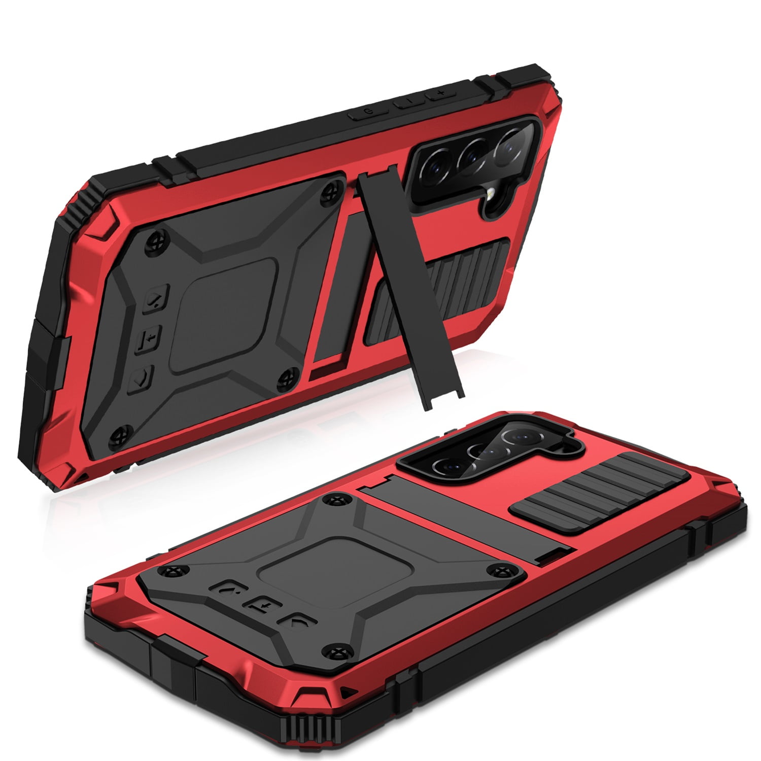 ELEHOLD for Samsung Galaxy S23 Plus 6.6" Case, Heavy Duty Armor Built-in Explosion-Proof Tempered Glass Screen Protector Wireless Charging Hang Rope Hidden Kickstand Shockproof Rugged Case,Red