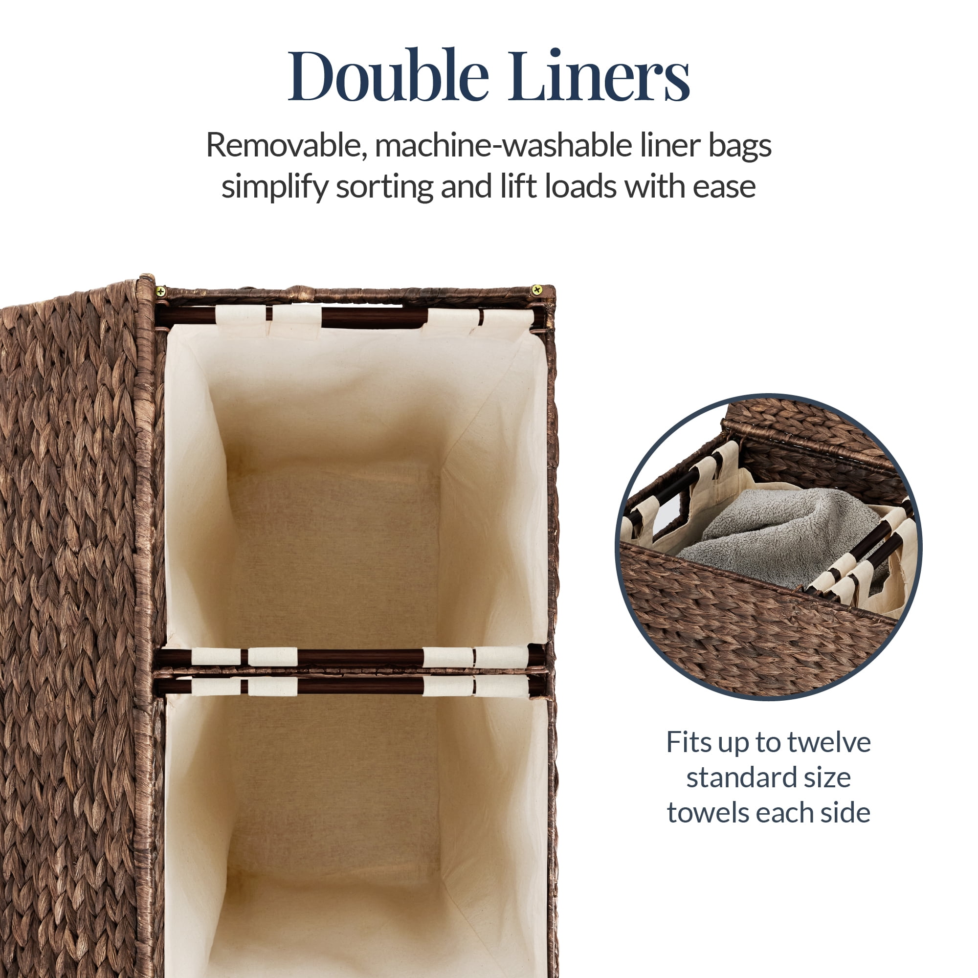 Best Choice Products Large Natural Water Hyacinth Double Laundry Hamper Basket w/ 2 Liner Bags, Handles - Espresso