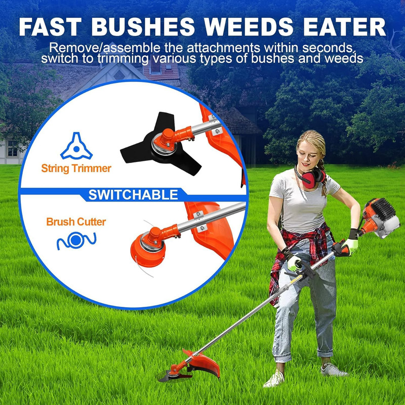 Floseru 52CC 2-Cycle Gas Weed Wacker, 5 in 1 Weed Eater Gas Powered, Upgraded 9500rpm 2200W High Power Gas String Trimmer, Gas String Trimmer, Multi Functional Garden Gas Trimming Tools