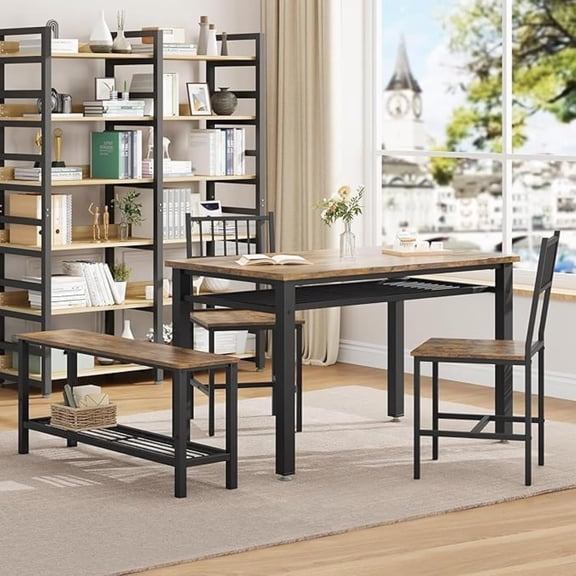 Farmhouse Dining Table Set for 4 with Storage Shelf, 47 inch Kitchen Table with Bench and 2 Chairs for Small Space, Apartment, Dining Room