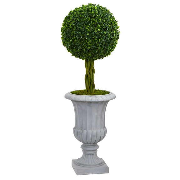 Nearly Natural 3 ft. Braided Boxwood Topiary Artificial Tree in Gray Urn UV Resistant (Indoor/Outdoor)