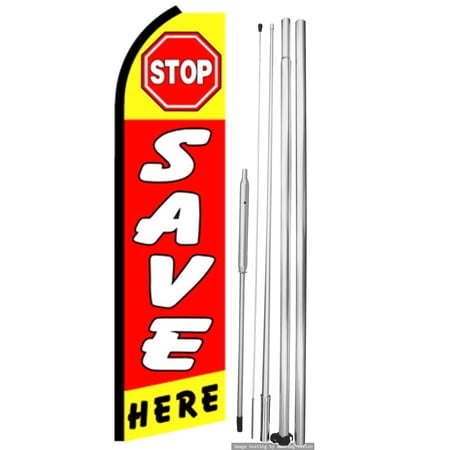 OnPoint Wares| Stop Save Here Swooper Flag | Advertising Flag/Business Flags | 11.5ft x 3.5ft | With Complete 15ft Hybrid Pole Set