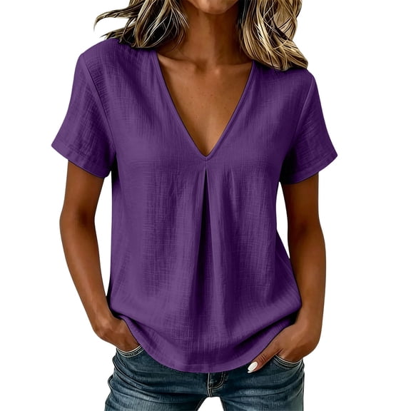 Dvprdro Womens Cotton Linen V Neck Short Sleeve Tops Summer Casual Solid Light weight Blouses Tees