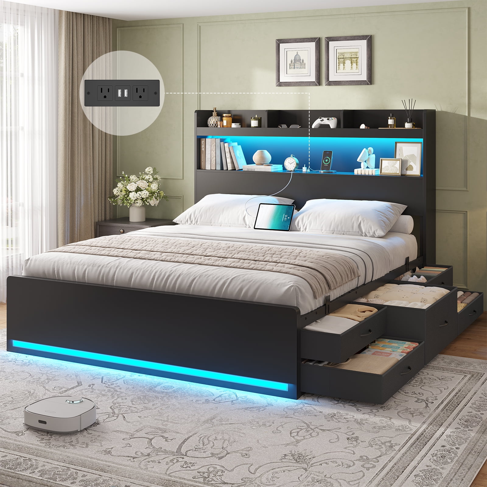 LED Bed Frame Queen Size with 5 Storage Drawers, Bookcase Headboard, 2 USB Pprts and Outlets, Wooden Platform Bed Frame with LED Lights, Twin Storage Beds for Bedroom, Metal Slat Support, Black