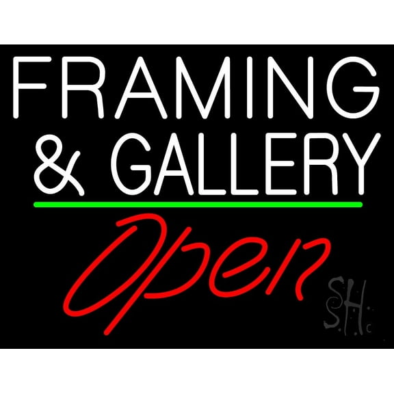 White Framing And Gallery With Open 3 LED Neon Sign 24 x 31 - inches, Clear Edge Cut Acrylic Backing, with Dimmer - Bright and Premium built indoor LED Neon Sign for art gallery, and exhibition.