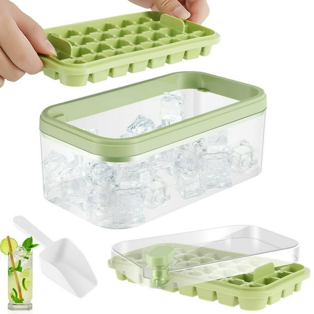 Ice Cube Tray with Lid Easy Release Large Ice Cube Mold for Freezer Ice Cube Maker with Scoop (Yellow)