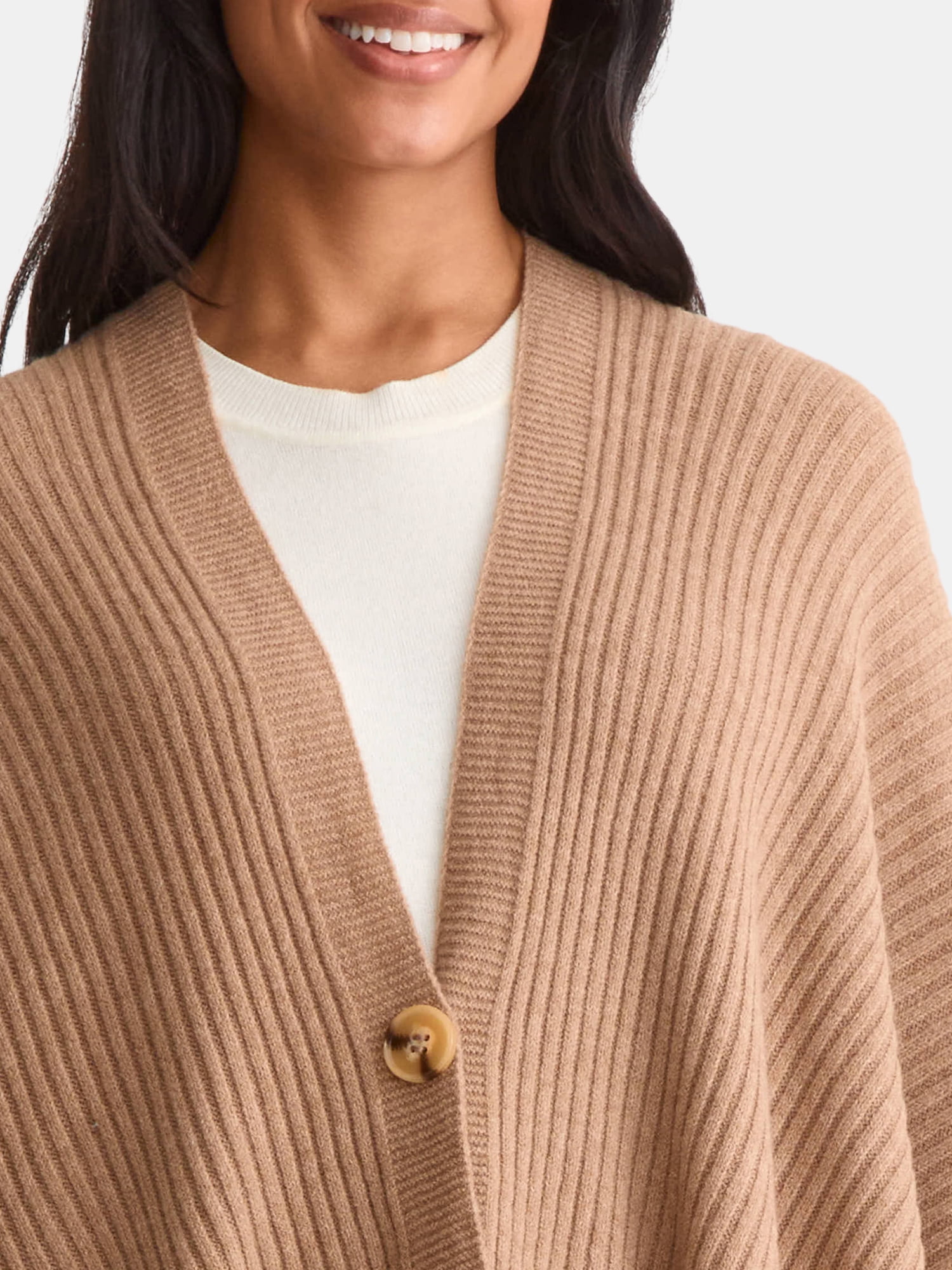 Time and Tru Women's Rib Knit Fashion Coverup with Button, One Size, Tan