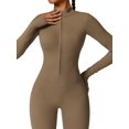thumbnail image 3 of Women Long Sleeve Workout Jumpsuit Zip Up Romper Bottom Pants Bodysuit Bodycon Camel Brown M, 3 of 9