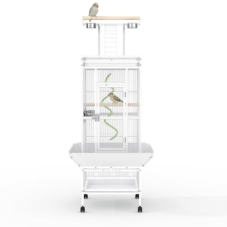60" Large White Wrought Iron Bird Cage with Removable Stand & Rolling Wheels – Playtop Parrot Cage for Parakeets, Cockatiels, Conures, Macaws – Easy-Clean, Rope Perch & Bowls – Model NPTT-YWL01