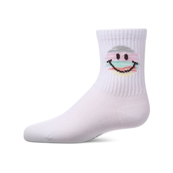 MeMoi Girls "Colorful Smiley Face" Pointelle Ribbed Cotton-Rich Novelty Crew Sock - Girls - Female, 12, Winter White