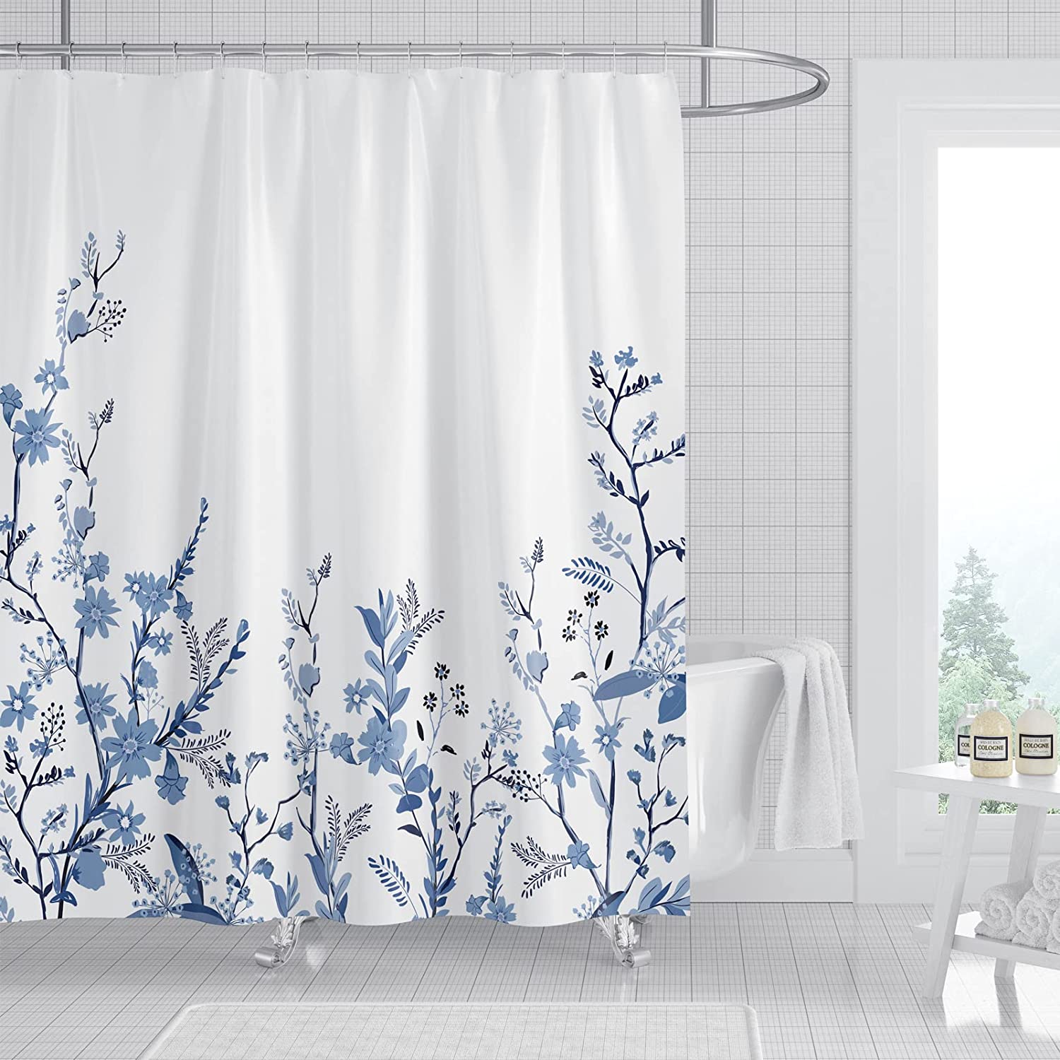 Blue Fabric Shower Curtain for Bathroom with 12 Hooks, Floral Leaves