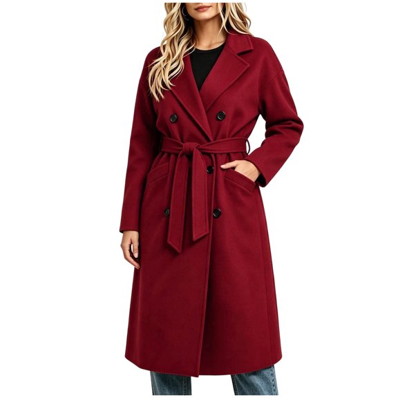 Enjoytime Trench Coat Women Lapel Double Breasted Long Overcoat with Belt Long Sleeve Trendy Casual Fashion Fall Winter Outerwear