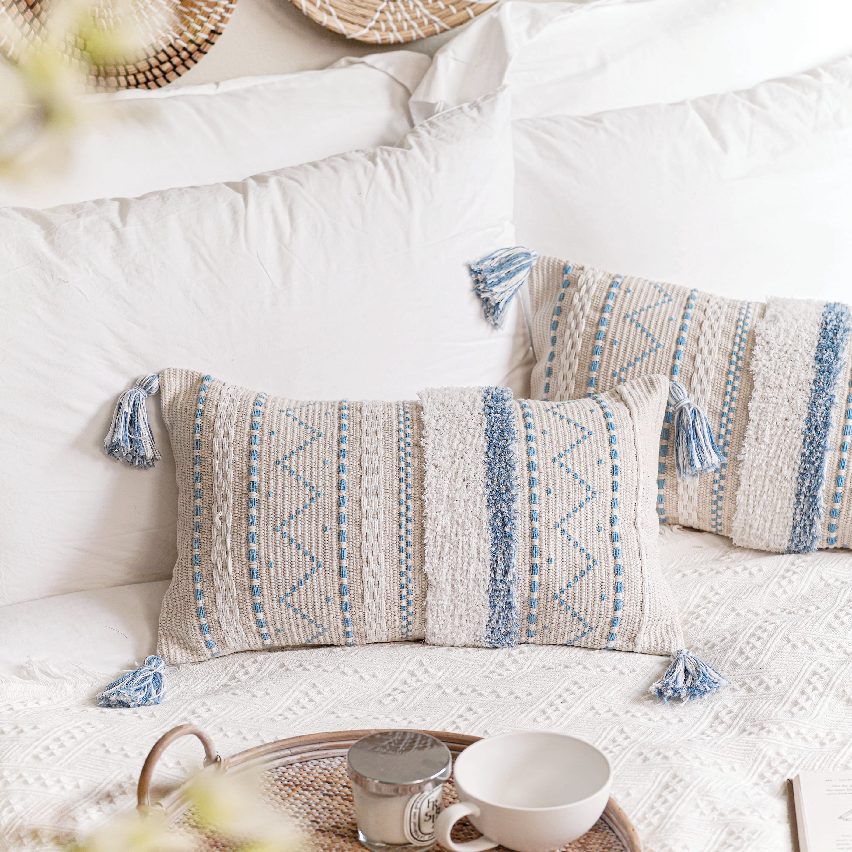 BlissBlush Blue Decorative Lumbar Throw Pillow Cover 12x20 Combo Set of 2 Rectangular Coastal Boho Accent Pillowcase Neutral Farmhouse Cushion for Couch Sofa Bedroom Living Home Décor Cover ONLY