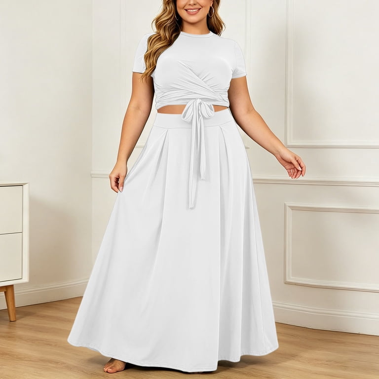 Rove Studio Plus Size Women 2 Piece Formal Outfit, Short Sleeve Twist Tie Crop Top & High Waist Flowy Maxi Skirt Soft Polyester Solid Color Wedding Guest Matching Set White XXXL